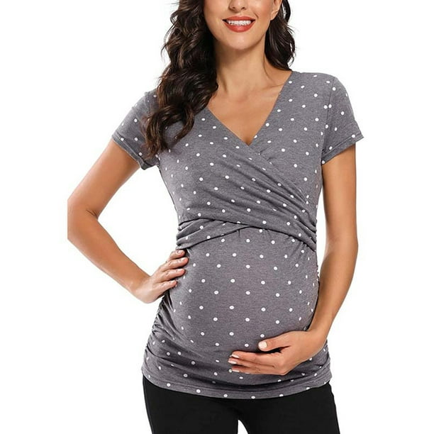 Short Sleeve Patchwouk Breastfeeding Tops Pleated Tunic for Pregnancy Women Maternity Nursing T-Shirt 